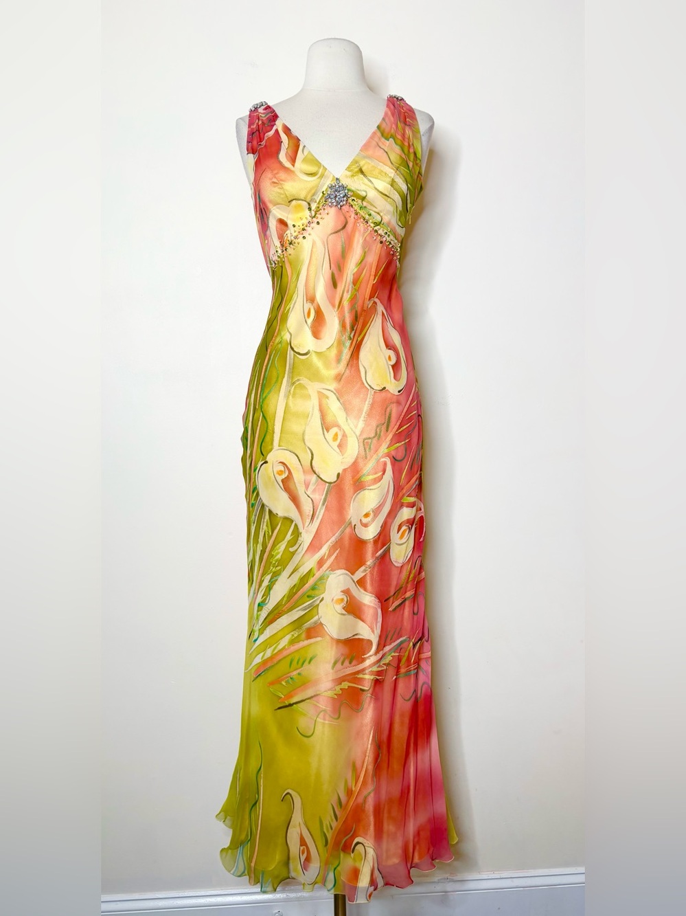 Y2K Alice Designs Silk Vintage Maxi Sleeveless Dress Beaded Rhinestone